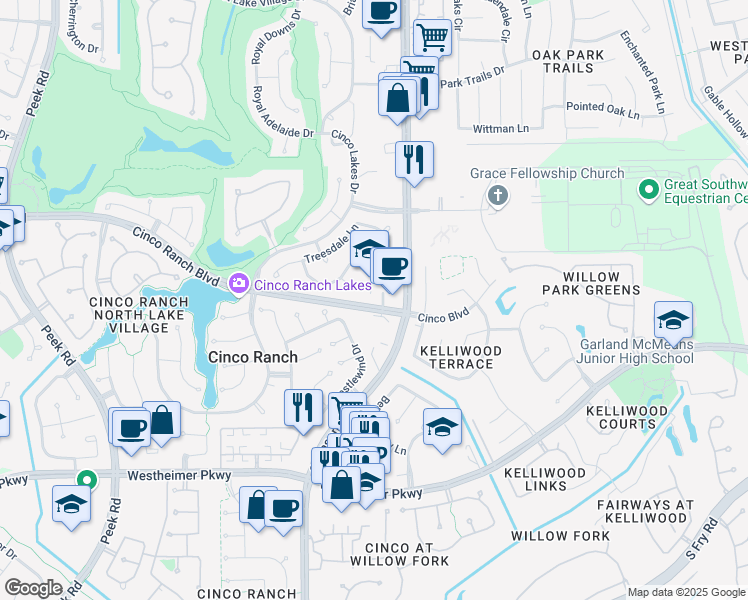 map of restaurants, bars, coffee shops, grocery stores, and more near 21950 Cinco Ranch Boulevard in Katy