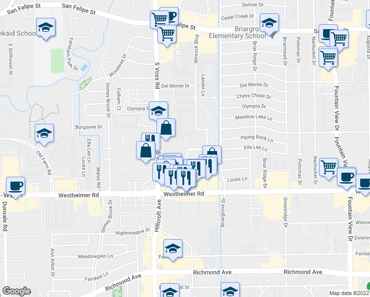 map of restaurants, bars, coffee shops, grocery stores, and more near 6434 Ella Lee Lane in Houston