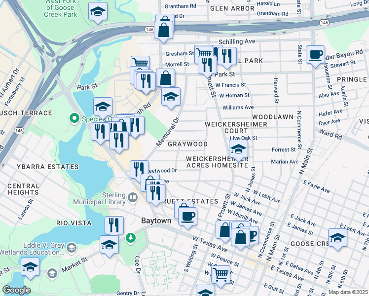 map of restaurants, bars, coffee shops, grocery stores, and more near 807 Lindenwood Drive in Baytown