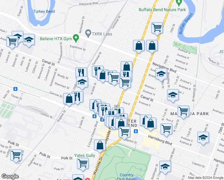 map of restaurants, bars, coffee shops, grocery stores, and more near 501 67th Street in Houston