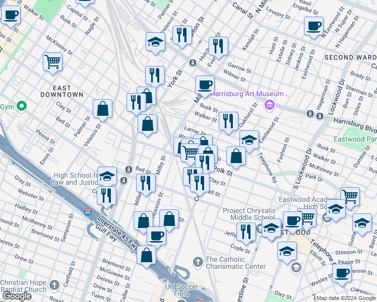 map of restaurants, bars, coffee shops, grocery stores, and more near 3921 Polk Street in Houston