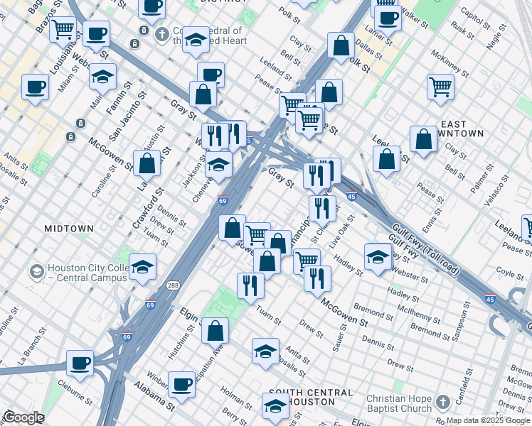 map of restaurants, bars, coffee shops, grocery stores, and more near 2309 Hutchins Street in Houston