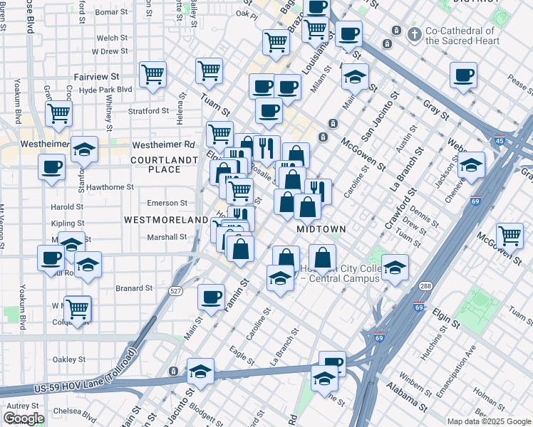 map of restaurants, bars, coffee shops, grocery stores, and more near 3303 Main street in Houston