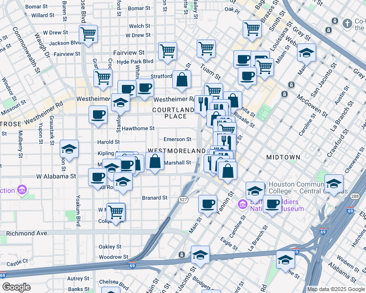 map of restaurants, bars, coffee shops, grocery stores, and more near 400 Westmoreland Street in Houston