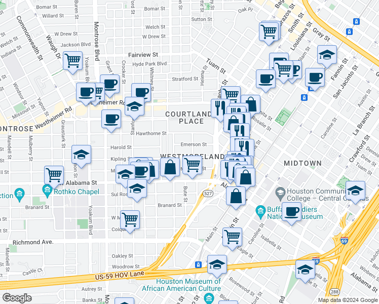 map of restaurants, bars, coffee shops, grocery stores, and more near 400 Westmoreland Street in Houston