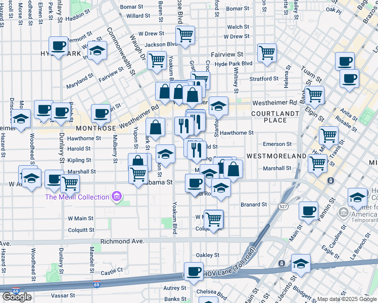 map of restaurants, bars, coffee shops, grocery stores, and more near 934 Kipling Street in Houston