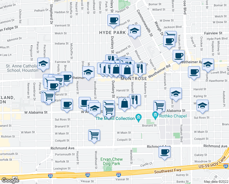 map of restaurants, bars, coffee shops, grocery stores, and more near 1704 Harold Street in Houston