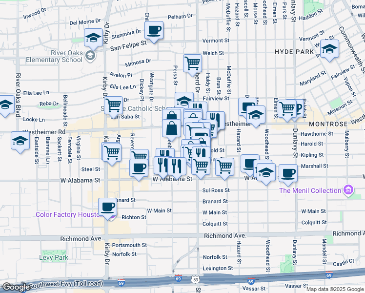 map of restaurants, bars, coffee shops, grocery stores, and more near 2127 Harold Street in Houston
