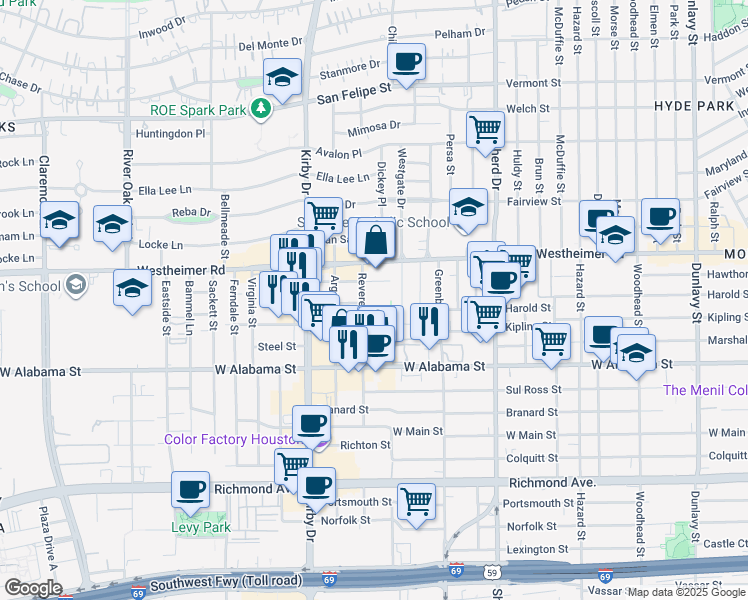 map of restaurants, bars, coffee shops, grocery stores, and more near 2814 Revere Street in Houston