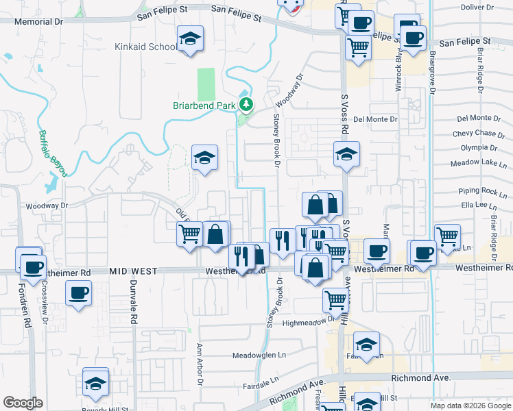 map of restaurants, bars, coffee shops, grocery stores, and more near 7900 Westheimer Road in Houston