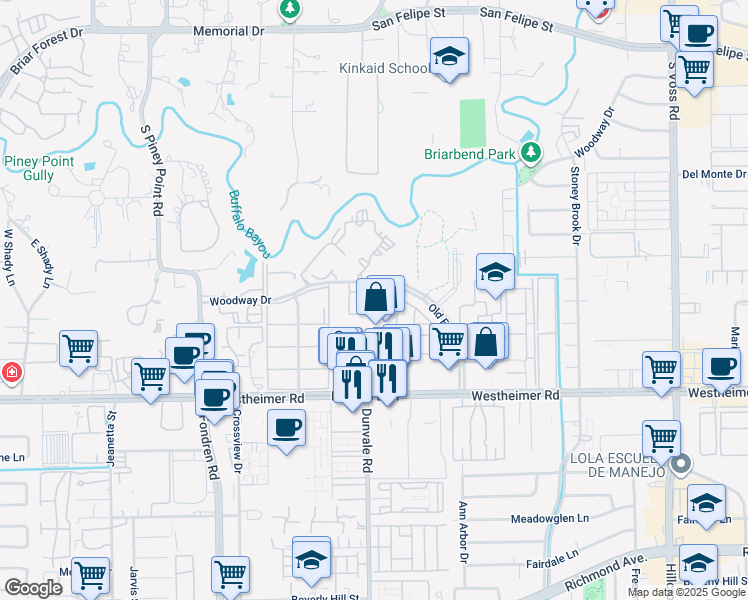 map of restaurants, bars, coffee shops, grocery stores, and more near 8585 Woodway Drive in Houston