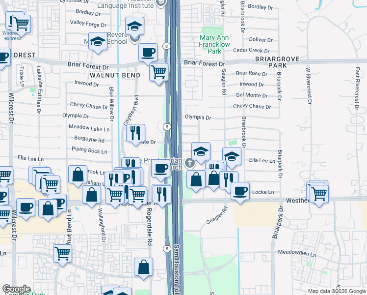 map of restaurants, bars, coffee shops, grocery stores, and more near 10327 Piping Rock Lane in Houston