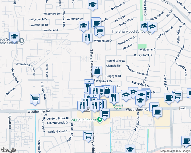 map of restaurants, bars, coffee shops, grocery stores, and more near 13 South Dairy Ashford Road in Houston