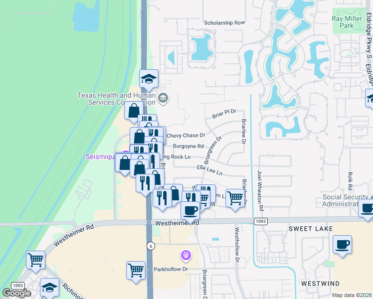 map of restaurants, bars, coffee shops, grocery stores, and more near 14318 Piping Rock Lane in Houston