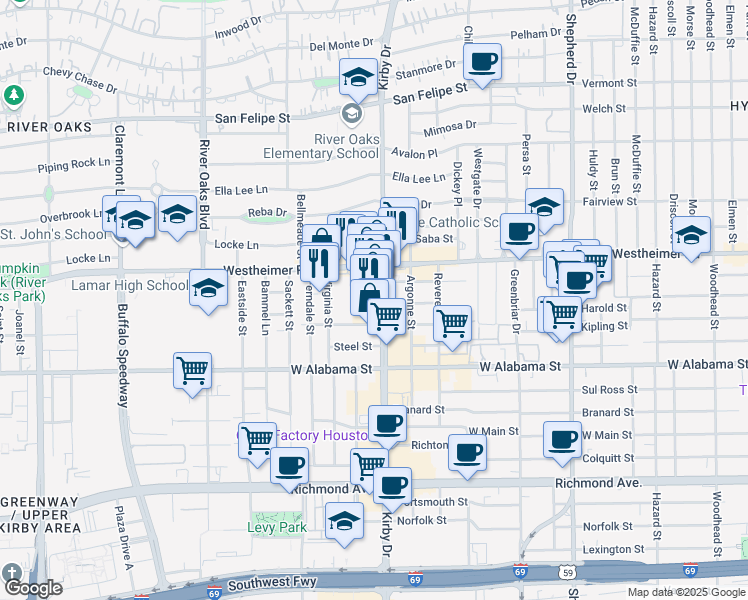 map of restaurants, bars, coffee shops, grocery stores, and more near 2800 Kirby Drive in Houston