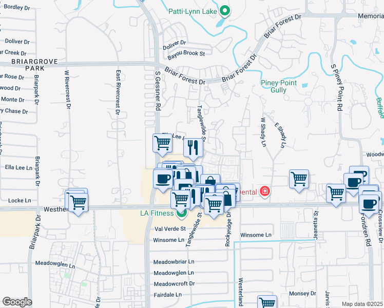 map of restaurants, bars, coffee shops, grocery stores, and more near 2620 Tanglewilde Street in Houston