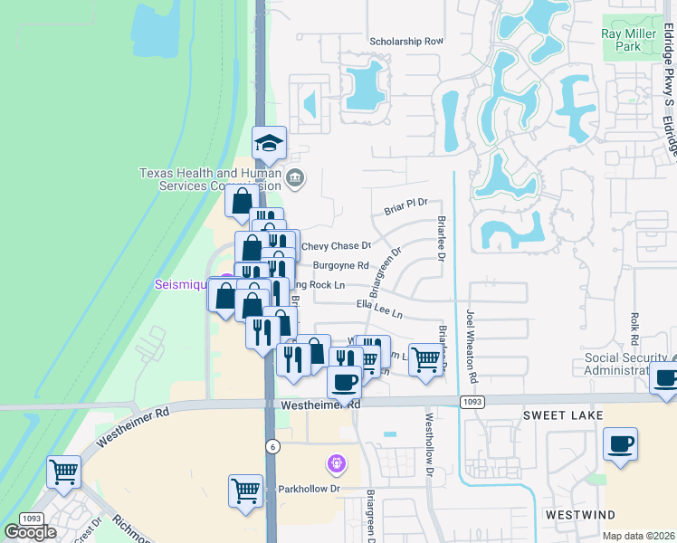 map of restaurants, bars, coffee shops, grocery stores, and more near 14318 Piping Rock Lane in Houston