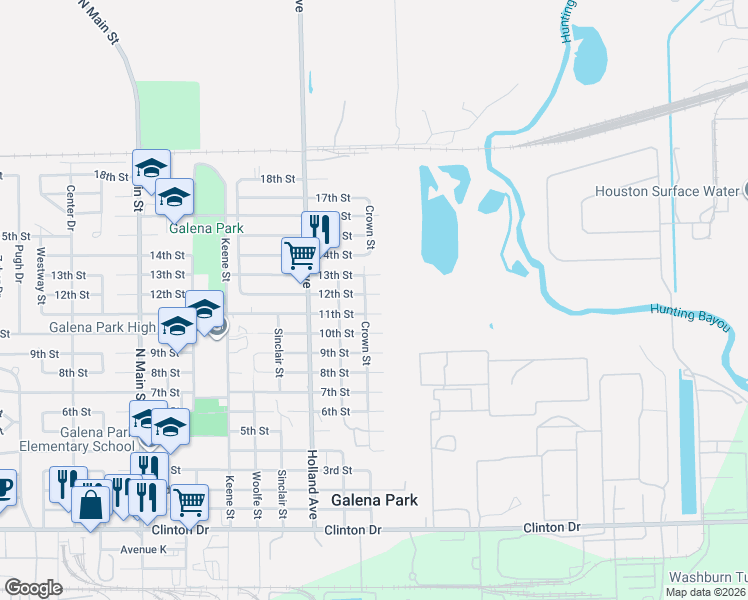 map of restaurants, bars, coffee shops, grocery stores, and more near 1099 Crown Street in Galena Park