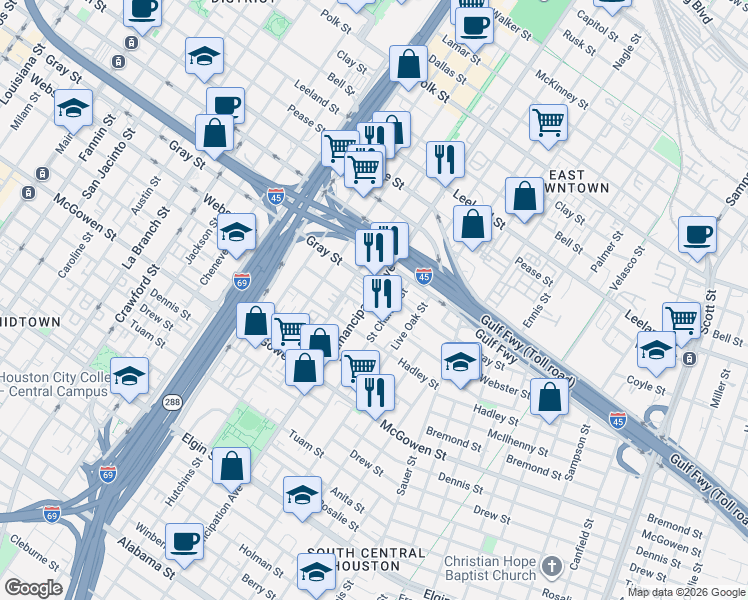 map of restaurants, bars, coffee shops, grocery stores, and more near 2120 Saint Charles Street in Houston