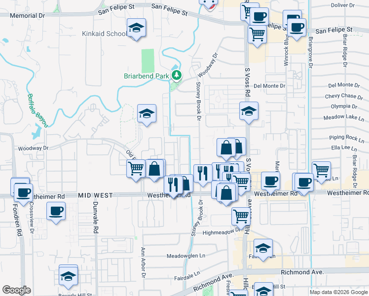 map of restaurants, bars, coffee shops, grocery stores, and more near 7900 Westheimer Road in Houston