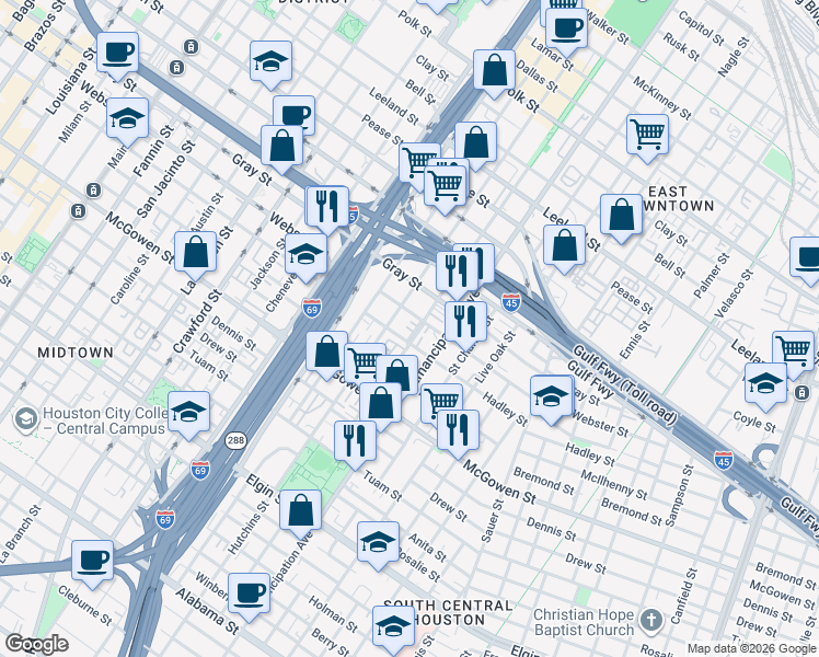 map of restaurants, bars, coffee shops, grocery stores, and more near 2216 Bastrop Street in Houston