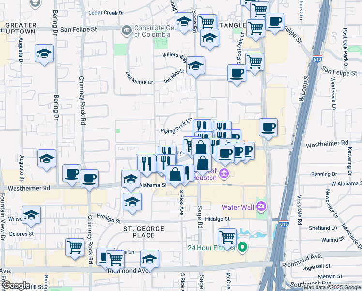 map of restaurants, bars, coffee shops, grocery stores, and more near 5250 Brownway Street in Houston