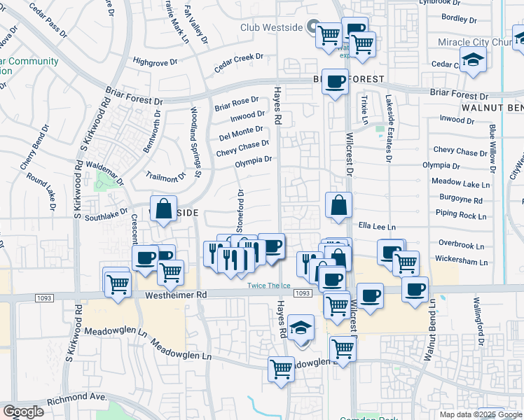 map of restaurants, bars, coffee shops, grocery stores, and more near 11310 Ella Lee Drive in Houston