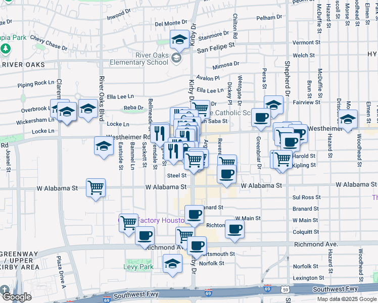 map of restaurants, bars, coffee shops, grocery stores, and more near 2800 Kirby Drive in Houston