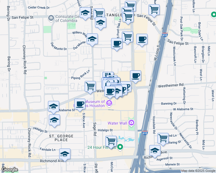 map of restaurants, bars, coffee shops, grocery stores, and more near 5101 Westheimer Road in Houston