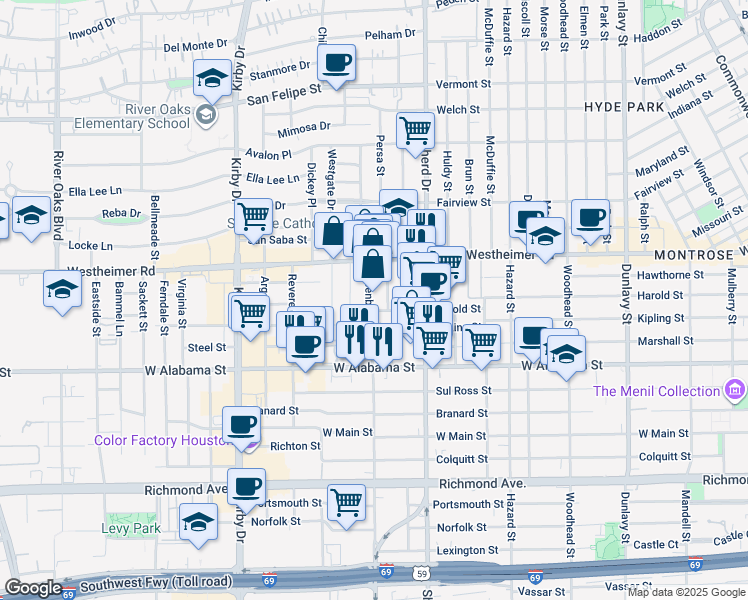 map of restaurants, bars, coffee shops, grocery stores, and more near 2643 Greenbriar Drive in Houston