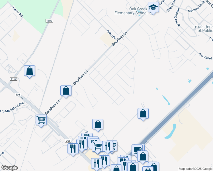 map of restaurants, bars, coffee shops, grocery stores, and more near 187 Pebble Creek Run in New Braunfels