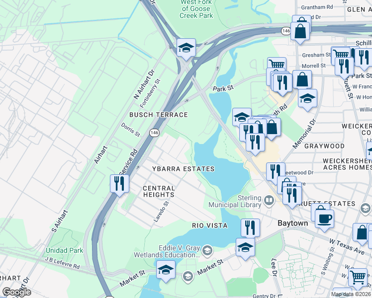 map of restaurants, bars, coffee shops, grocery stores, and more near 200 Avenue L in Baytown