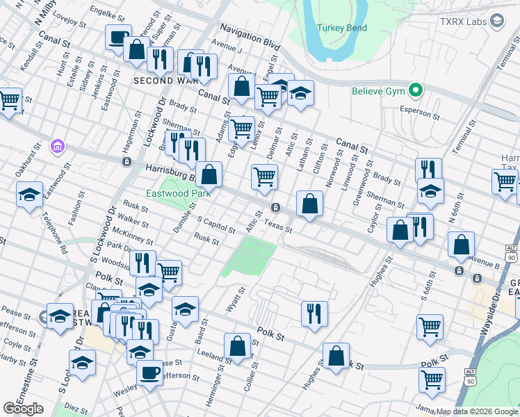 map of restaurants, bars, coffee shops, grocery stores, and more near in Houston