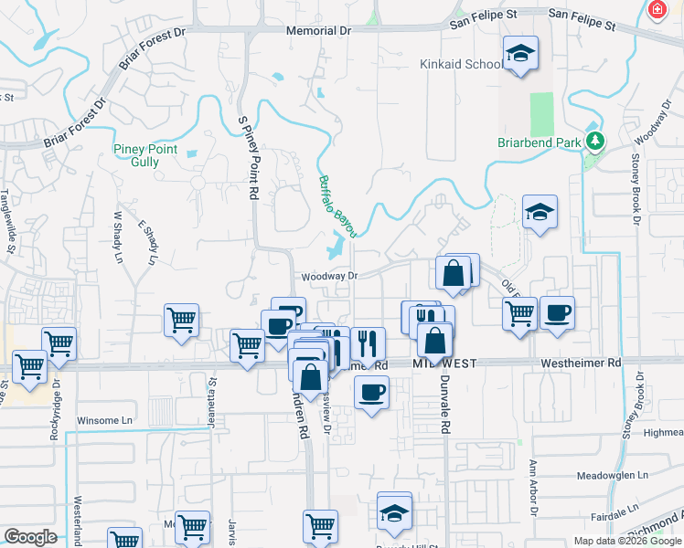 map of restaurants, bars, coffee shops, grocery stores, and more near 8787 Woodway Drive in Houston