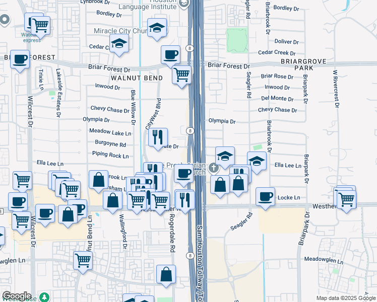 map of restaurants, bars, coffee shops, grocery stores, and more near Texas 8 Beltway in Houston