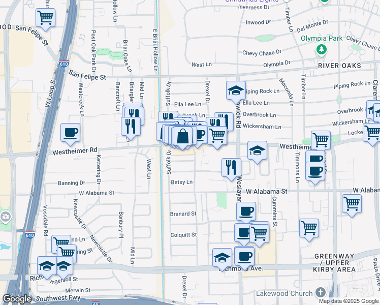 map of restaurants, bars, coffee shops, grocery stores, and more near 4007 Westheimer Road in Houston