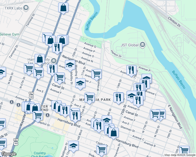 map of restaurants, bars, coffee shops, grocery stores, and more near 7215 Avenue J in Houston