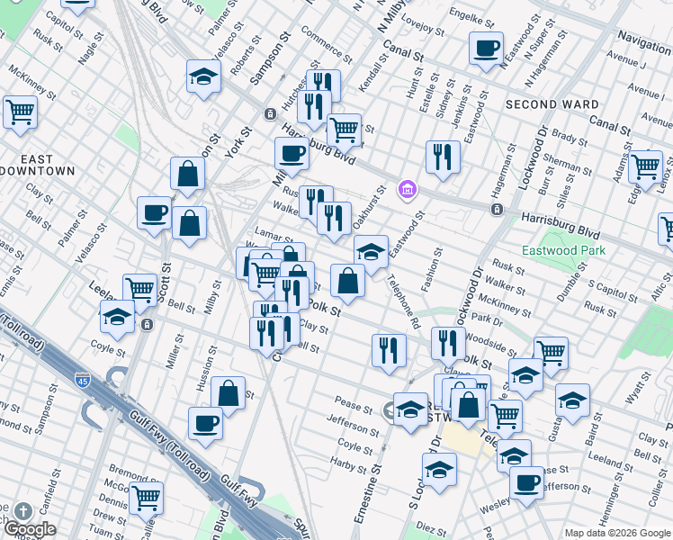 map of restaurants, bars, coffee shops, grocery stores, and more near 4211 Dallas Street in Houston