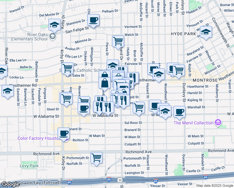 map of restaurants, bars, coffee shops, grocery stores, and more near 2127 Harold Street in Houston