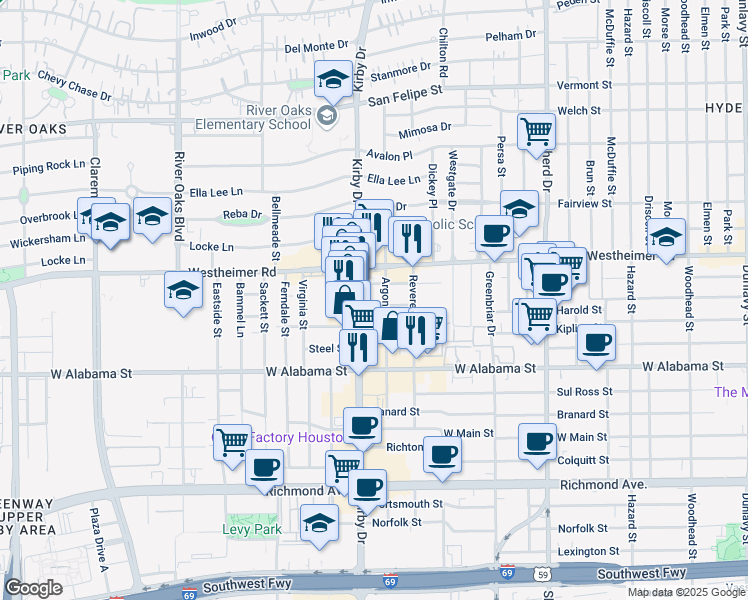 map of restaurants, bars, coffee shops, grocery stores, and more near 2811 Kirby Drive in Houston