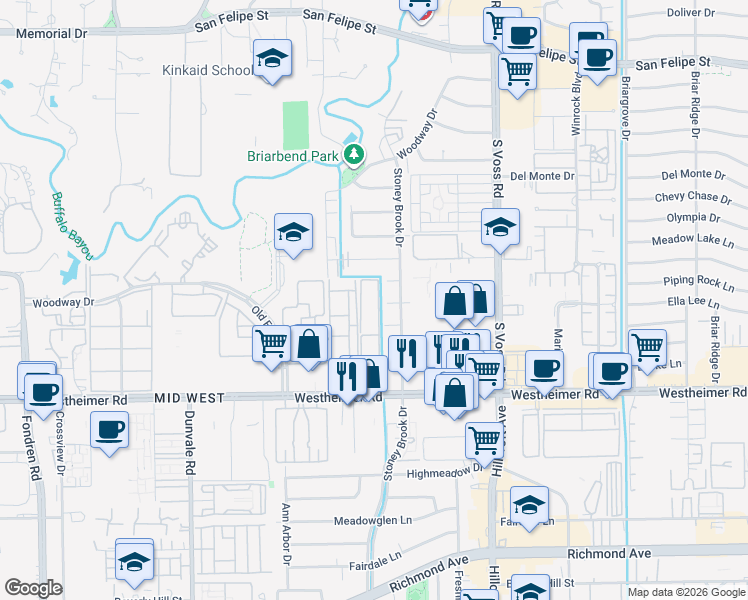 map of restaurants, bars, coffee shops, grocery stores, and more near 7900 Westheimer Road in Houston