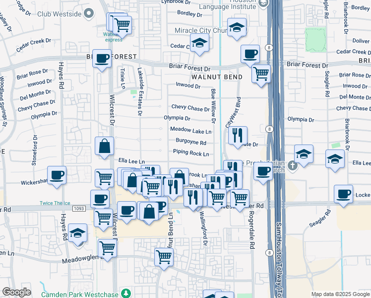 map of restaurants, bars, coffee shops, grocery stores, and more near 10627 Piping Rock Lane in Houston