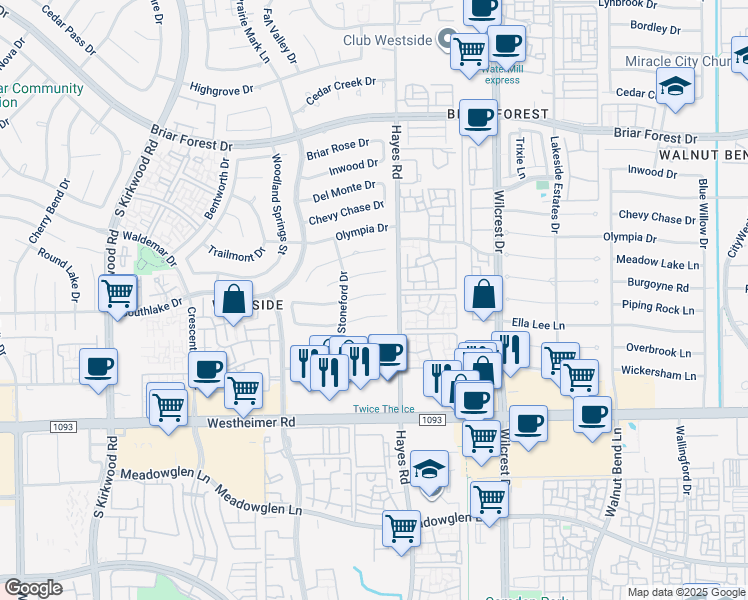map of restaurants, bars, coffee shops, grocery stores, and more near 11310 Ella Lee Drive in Houston