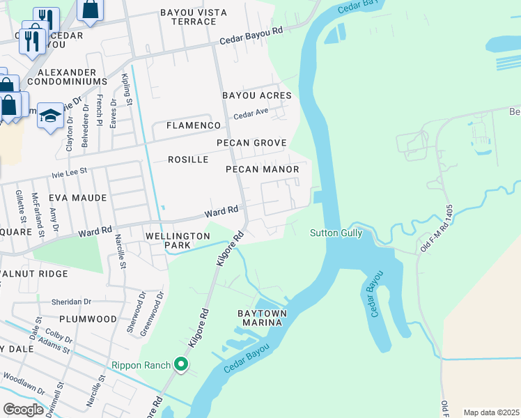 map of restaurants, bars, coffee shops, grocery stores, and more near 2701 Ward Road in Baytown