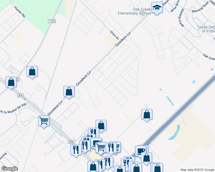 map of restaurants, bars, coffee shops, grocery stores, and more near 175 Pebble Creek Run in New Braunfels