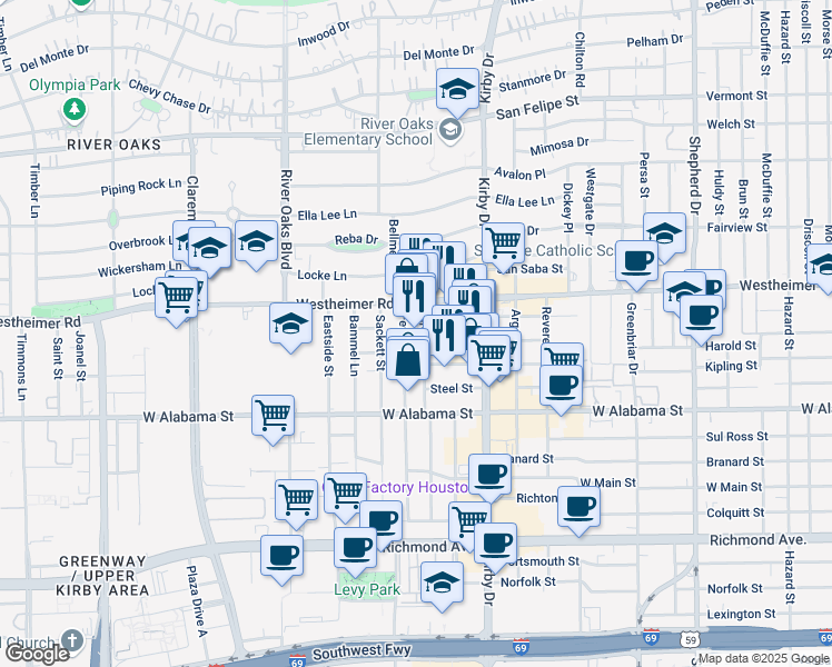 map of restaurants, bars, coffee shops, grocery stores, and more near 2736 Virginia Street in Houston