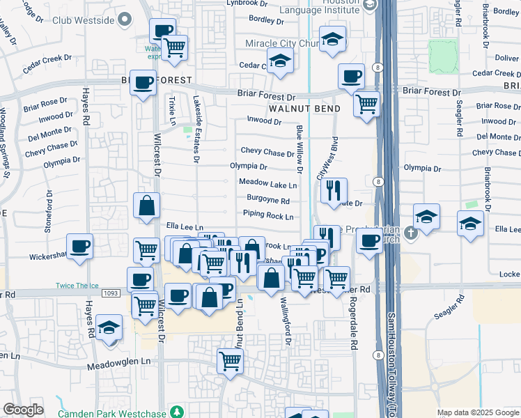 map of restaurants, bars, coffee shops, grocery stores, and more near 10627 Piping Rock Lane in Houston