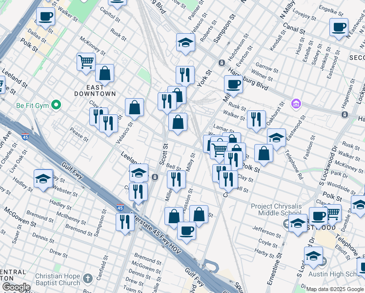 map of restaurants, bars, coffee shops, grocery stores, and more near 1314 Milby Street in Houston