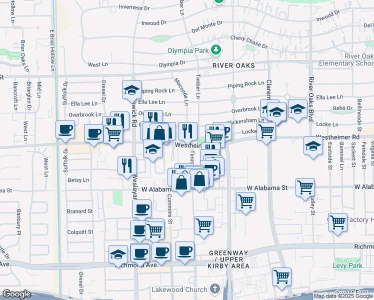 map of restaurants, bars, coffee shops, grocery stores, and more near 3703 Westheimer Road in Houston