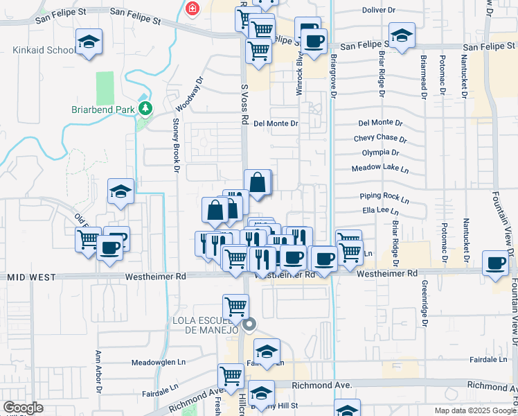 map of restaurants, bars, coffee shops, grocery stores, and more near 2425 South Voss Road in Houston